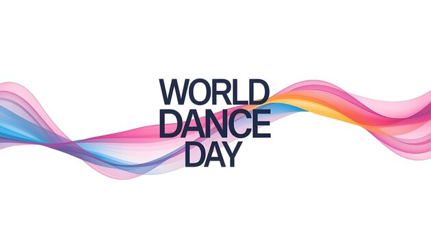 A colorful graphic celebrating World Dance Day with a wavy ribbon of pink, blue, and orange hues on a white background.