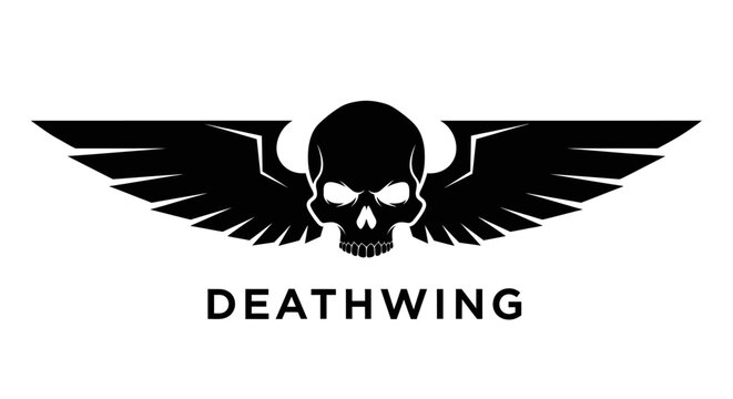 Black skull with stylized wings and deathwing text logo design.