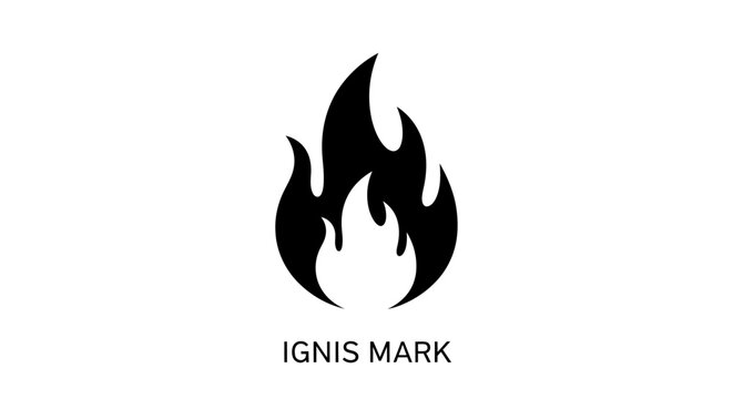 Black flame icon with text.