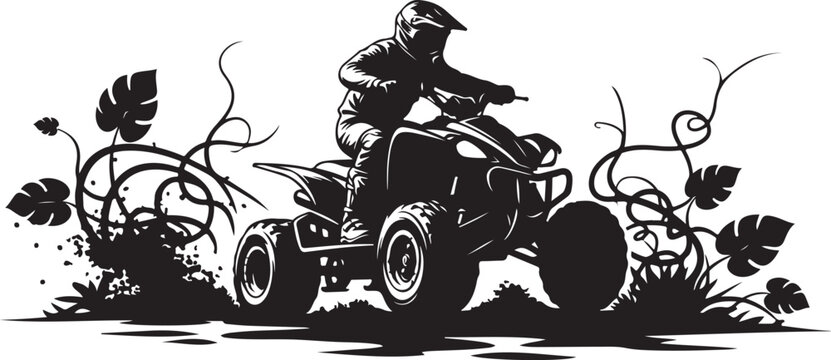 Black silhouette of person riding A T V through plants