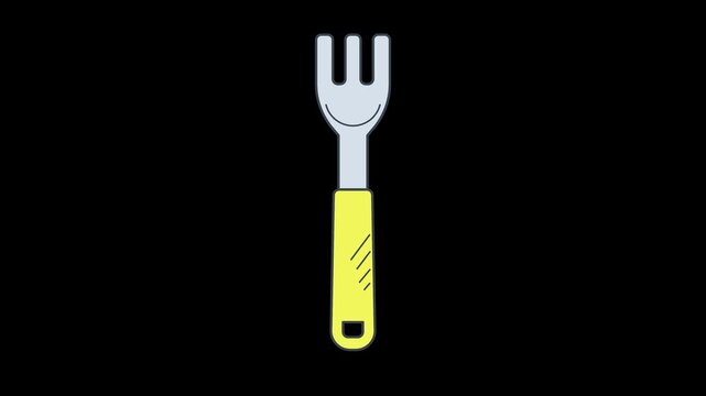 Seamless looping 4K animation of a silver fork with a yellow handle moving up and down. Professional kitchen cutlery motion graphic on alpha channel for restaurant and dining concept designs