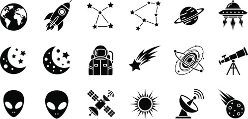 Space icon set with planets rocket astronaut satellite UFO and constellations, flat vector illustration for astronomy science galaxy and universe design © Anamul Arafat
