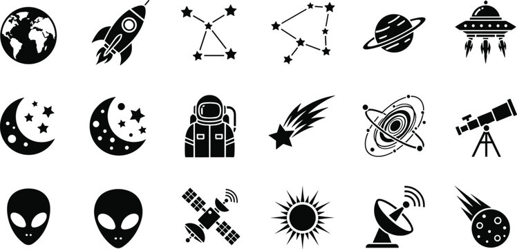 Space icon set with planets rocket astronaut satellite UFO and constellations, flat vector illustration for astronomy science galaxy and universe design