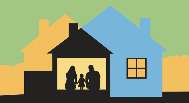 Family standing in house doorway together.