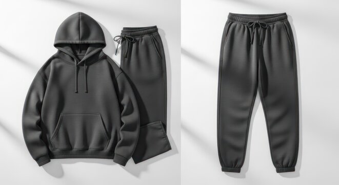 A black hoodie and matching sweatpants laid out flat on a neutral background. The hoodie is on the left, and the sweatpants are on the right.