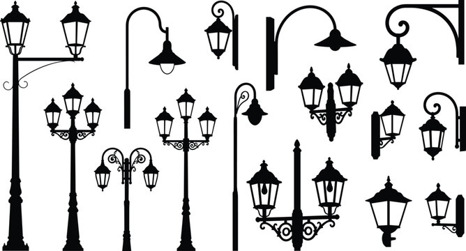 street, lamp, vintage, lantern, light, pole, classic, urban, outdoor, lighting, decorative, silhouette, retro, city, night, illumination, design, collection, vector, illustration