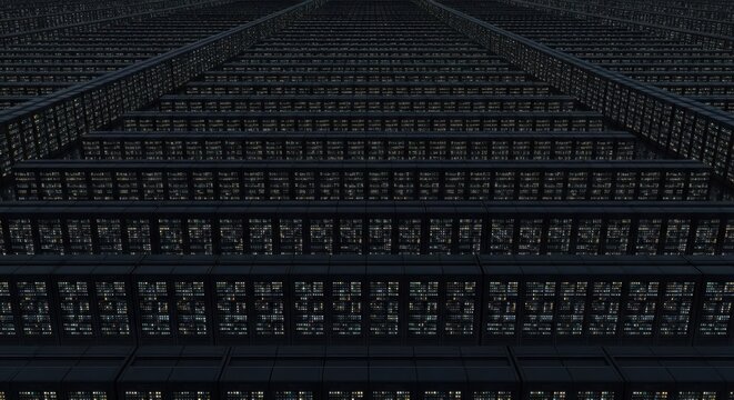 Expansive dark server racks forming a massive technological infrastructure, representing immense data processing capabilities