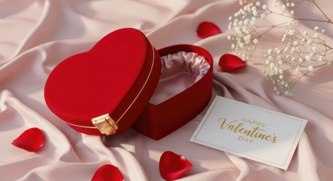 A heart-shaped red box with an open lid, placed on a soft pink fabric background. The box is adorned with delicate white flowers and scattered rose petals, 