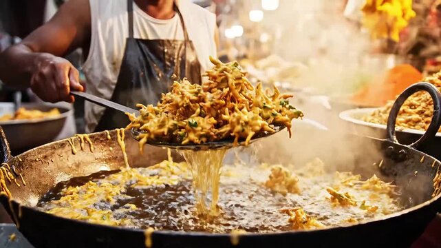 Indian Street Food Vendor Deep Frying Crispy Pakoras
