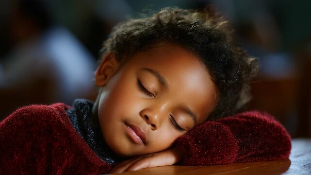 A peaceful moment of a child napping with a serene expression, showcasing the beauty of innocence and tranquility in a cozy and warm atmosphere.