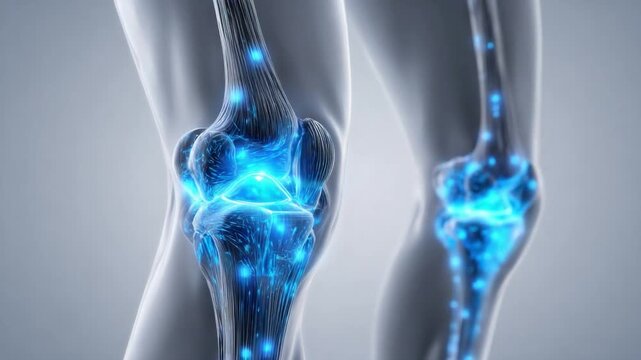 Knee Anatomy: A close-up view highlights the intricate structure of a knee joint. The image, illuminated with a cool blue glow.