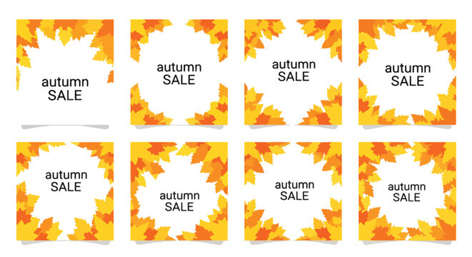 Autumn sale promotion labels with leafy borders and discounts