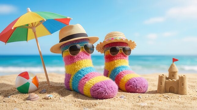 Funny Colorful Fuzzy Socks Wearing Hats And Sunglasses Relaxing On Sunny Beach

