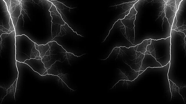 Realistic White Lightning Strikes on Black Background, Electrical Discharge Thunderstorm VFX Overlay
