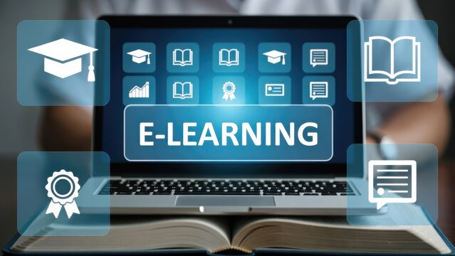 A laptop displaying the concept of e-learning with icons related to education, such as graduation caps, books, certificates, and documents. The digital elements highlight online learning and certifica