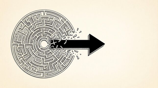 Arrow Breaking Out of a Confusing Maze Concept of Strategy and Breakthrough