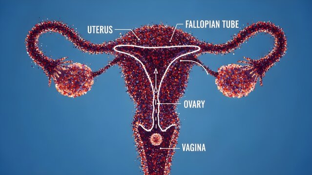 Front view illustration of the female reproductive tract with uterus, fallopian tubes, ovaries and vagina labeled, emphasizing the central uterine cavity outline and pathways for egg movement and poss