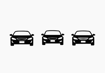Fototapeta premium Set of minimalist car front view silhouettes, black vector icons isolated on white background.