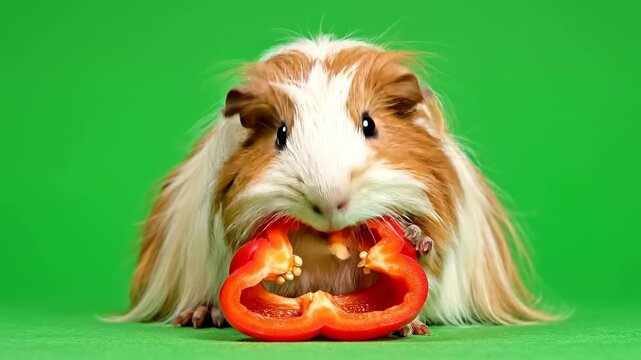Close-up of a guinea pig happily chewing on a vibrant red bell pepper against a bright green background, showcasing its texture and playful demeanor