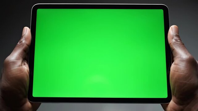 Close-up of hands holding a tablet with a green screen, set against a dark background, emphasizing technology and digital interaction
