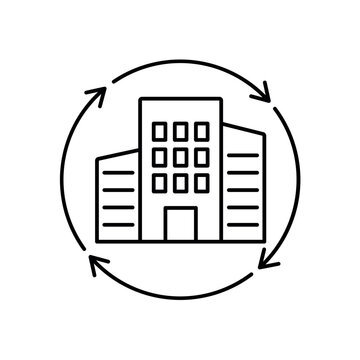 icon an urban renewal with circular arrows around corporate buildings, isolated against a clean background.