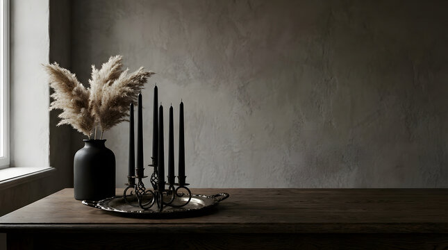 Vintage silver tray and black taper candles on dark oak table