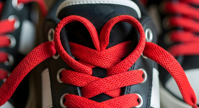 Macro of untied red laces forming the shape of a heart on the sneaker tongue, love and lifestyle, International Red Sneakers Day.
