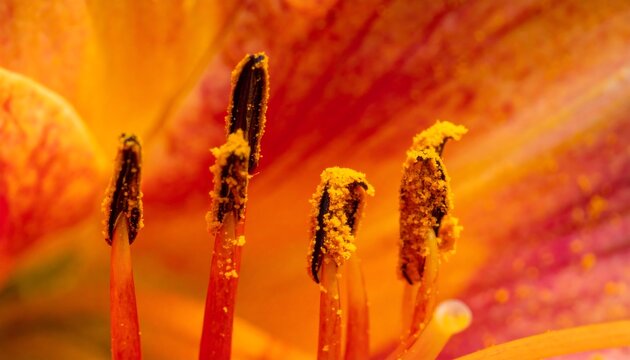 Macro shot revealing intricate details of a vibrant flower's pollen-dusted stamens and stigma against a colorful, blurred background