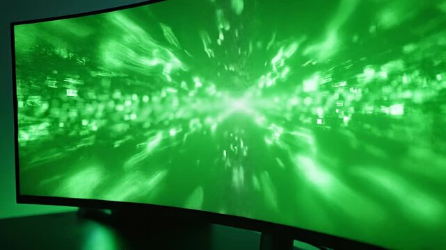 A sleek gaming setup featuring a curved monitor displaying vibrant green light effects with a gaming mouse and keyboard on a contemporary desk