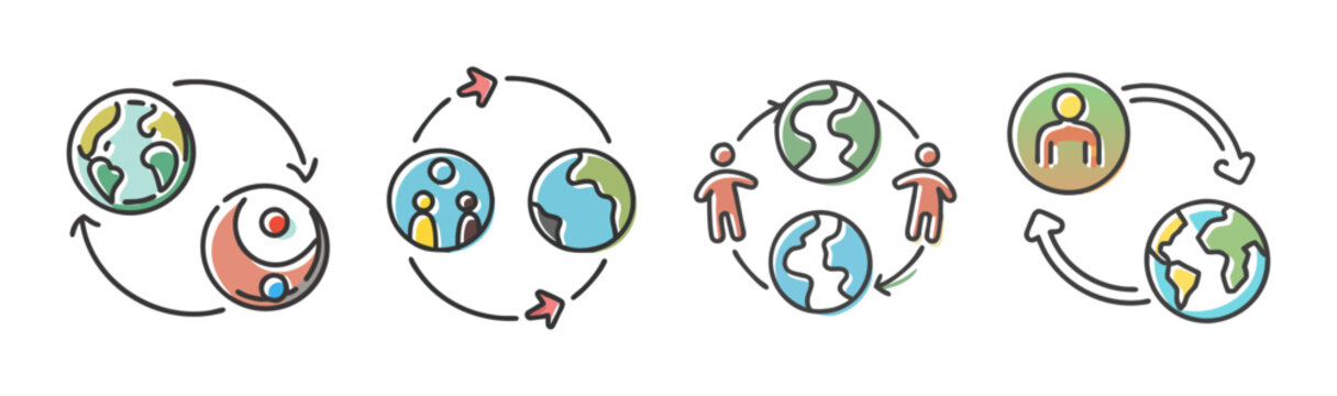 Global business communication icons set, world map and people connection symbols, international networking vector elements with earth globes