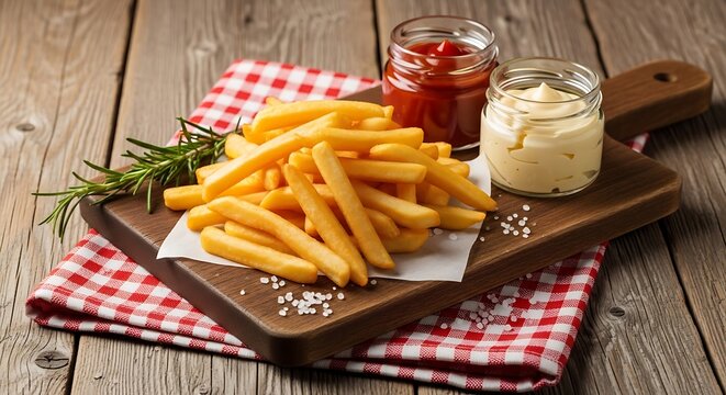 A heap of golden crispy french fries served with ketchup and mayonnaise on a rustic wooden board