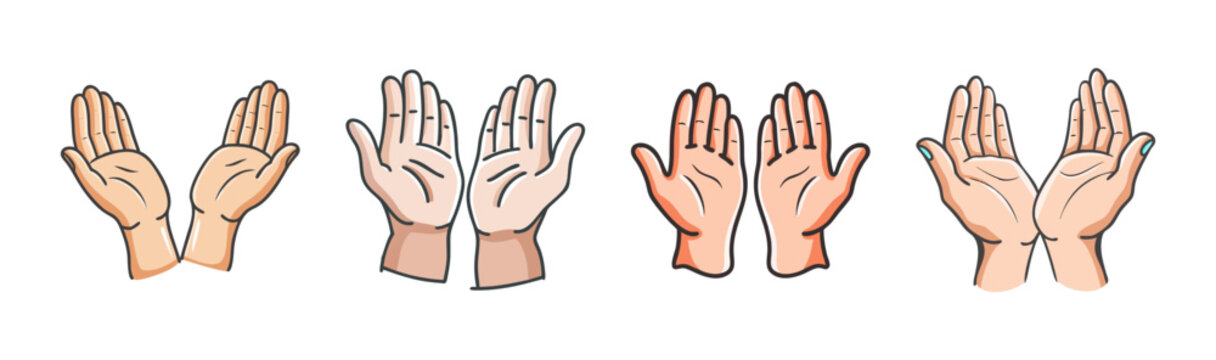 Four pairs of open hands in different skin tones, offering or receiving, vector illustration