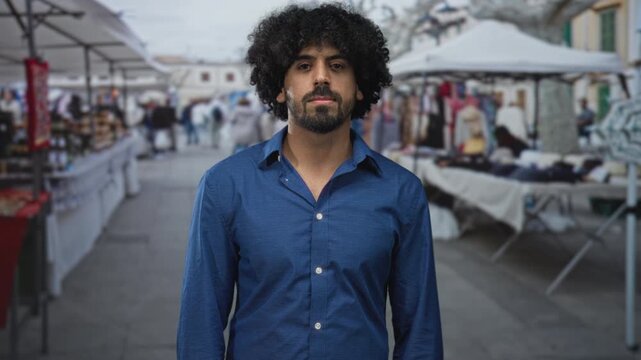 Man flexes arm with clenched fist amid street market stalls and souvenirs, curly hair visible and watch on wrist; confidence strength culture.