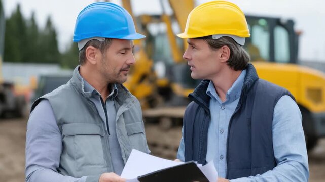 Construction Site Collaboration: Two construction workers in hardhats engage in a focused discussion, reviewing plans with a construction vehicle in the background.