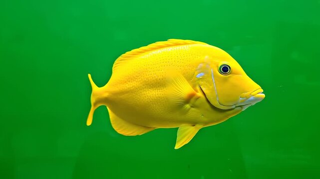 Vibrant yellow fish swimming gracefully against a bright green underwater backdrop, showcasing its smooth texture and shiny scales