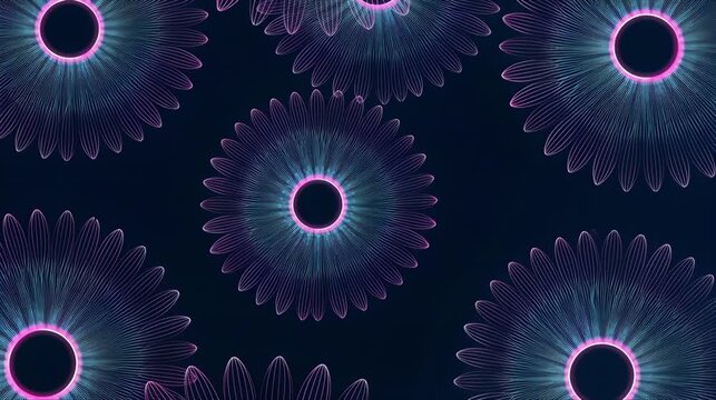 Repeating pattern of glowing purple and teal neon daisy sunburst wheels on a dark background. Abstract digital sacred geometry art perfect for technology science and modern creative themes.