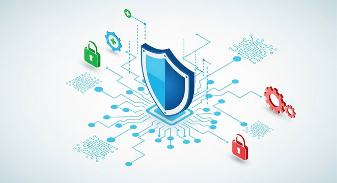 Isometric Cybersecurity Shield Protecting Network Data and System.