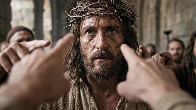 Cinematic biblical scene of Jesus Christ wearing a crown of thorns while enduring accusations from multiple people pointing their fingers at him during his dramatic trial in Jerusalem