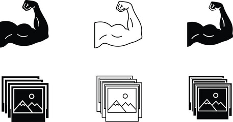 Obraz premium Fitness Muscle Arm and Photo Gallery Icon Set Featuring Strong Biceps Symbols and Image Stack Icons in Solid and Outline Style for UI Design Collection
