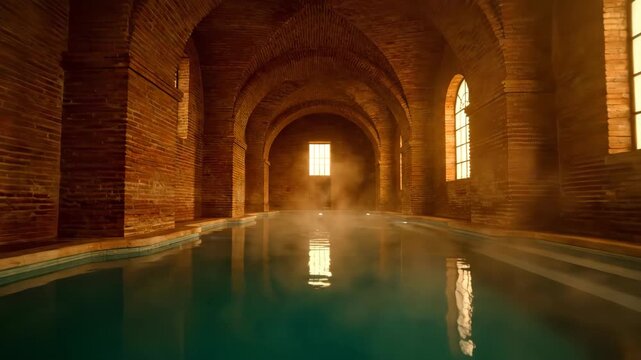 An Atmospheric Indoor Swimming Pool With Arched Brick Ceilings and Steam Rising From the Water, Illuminated by Natural Light From Windows.