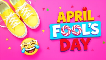 Fototapeta premium Vibrant April Fool's Day Banner with Laughing Emoji, Yellow Sneakers and Candy Text on Pink