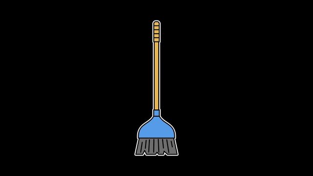 Seamless 4K animation of a swaying broom made of fiber and wood with blue and black details. Housekeeping motion graphic on alpha channel for cleaning, home maintenance, and chore concepts