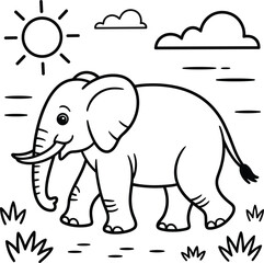 Fototapeta premium A cute cartoon elephant walking through the savanna in this simple coloring page illustration