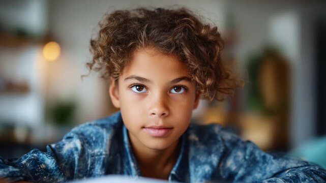 Captivating Portrait of a Young Girl with Beautiful Curly Hair Engaging in Thoughtful Contemplation in a Cozy Indoor Environment