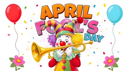 Fototapeta premium Festive April Fool's Day Illustration with Happy Clown, Trumpet, Balloons and Colorful Confetti