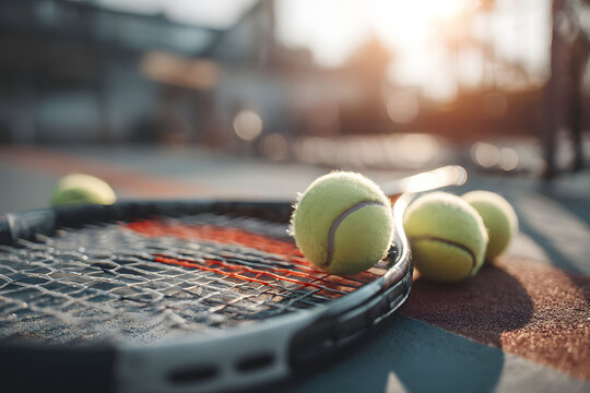 Tennis Equipment on Outdoor Court with Sunlit Background for Sports Enthusiasts
