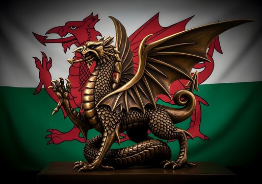 Welsh Dragon Statue with Flag Backdrop - A Symbol of Wales.