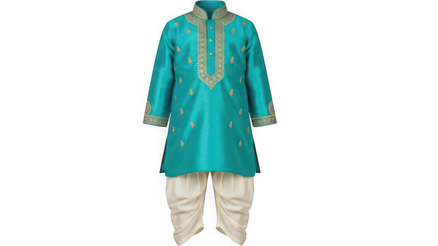 A traditional Indian outfit consisting of a teal kurta and white dhoti on transparent background