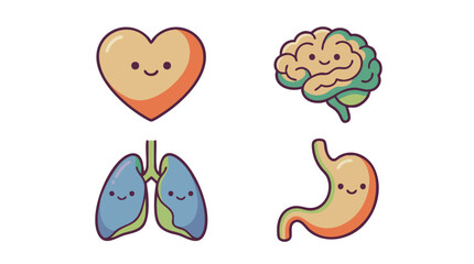 Fototapeta premium Cute cartoon human internal organs with smiling faces, including heart, brain, lungs, and stomach illustrations.