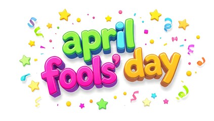 Fototapeta premium April Fools Day 3D Colorful Typography with Confetti and Stars, Isolated on White Background